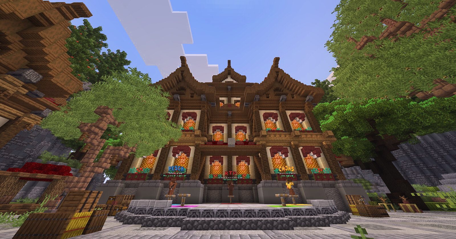 El edificio principal y las tiendas del spawn